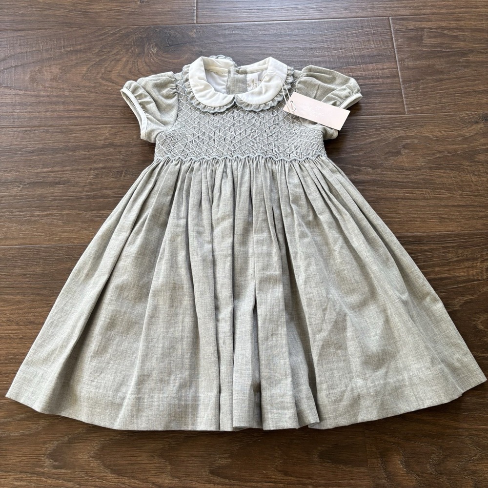 NWT Antoinette Paris Girls 2T Smocked Fit & Flare Gray Dress Puff Sleeve